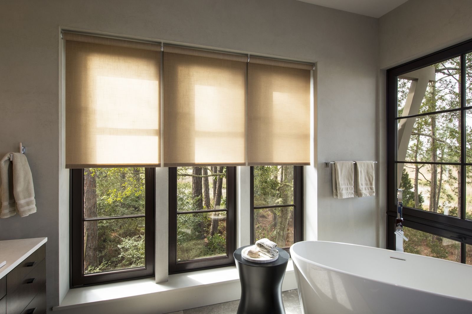 Automated Savant shades in a bright living room