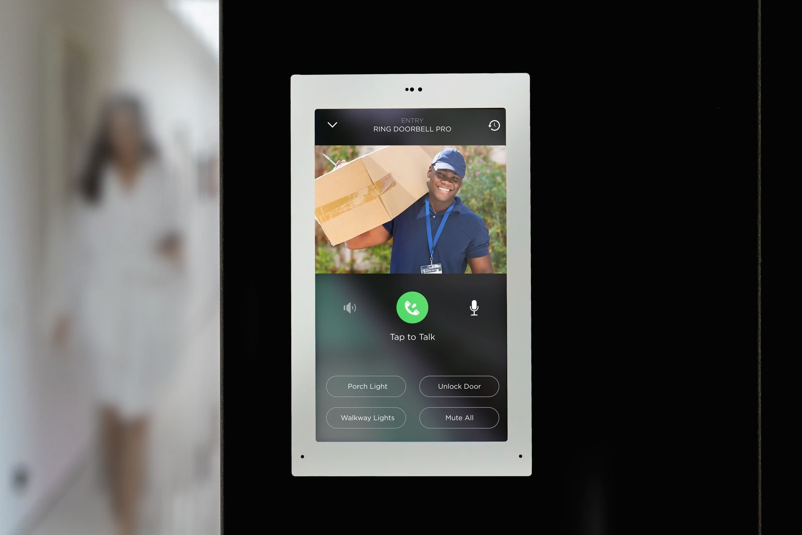 Savant hallway touch panel showing a delivery at the front door